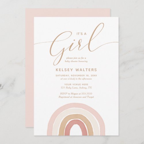 Pink Watercolor Rainbow Its a Girl Baby Shower Invitation