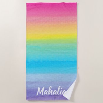 Pink Watercolor Rainbow Stripes Name Modern Style Beach Towel by Orabella at Zazzle