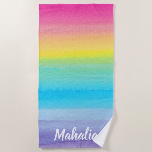 Pink Watercolor Rainbow Stripes Name Modern Style Beach Towel