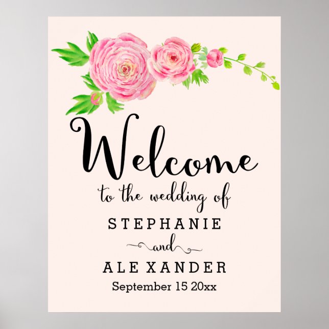 Pink Watercolor Ranunculus Wedding Poster (Front)