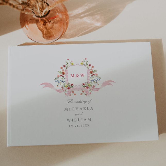 Pink Watercolor Regency Botanical Crest Wedding Guest Book (Creator Uploaded)