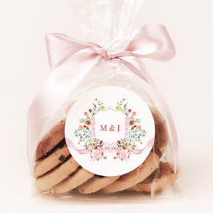 Pink Watercolor Regency Crest Floral Wedding Classic Round Sticker