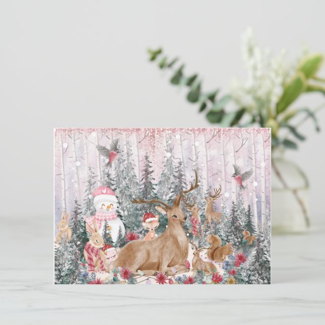 Pink Watercolor Reindeer, Snowman Merry Christmas (Standing Front)