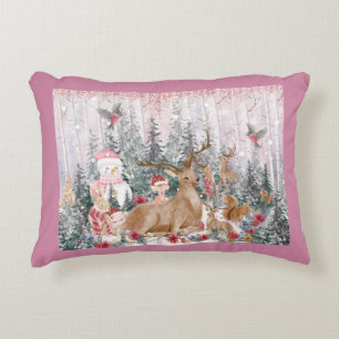 Pink Watercolor Reindeer, Snowman Merry Christmas Accent Pillow