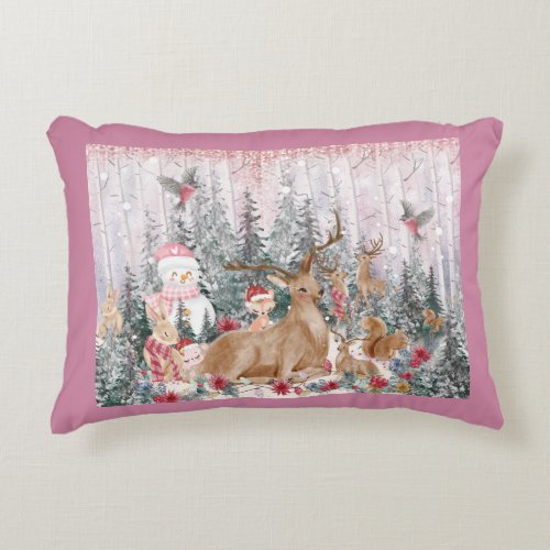 Pink Watercolor Reindeer Snowman Merry Christmas Accent Pillow