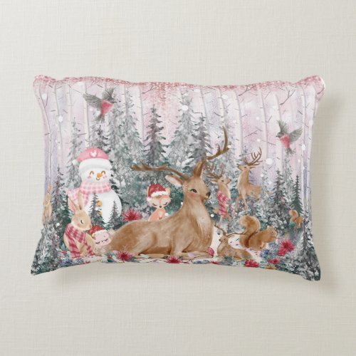 Pink Watercolor Reindeer Snowman Merry Christmas Accent Pillow