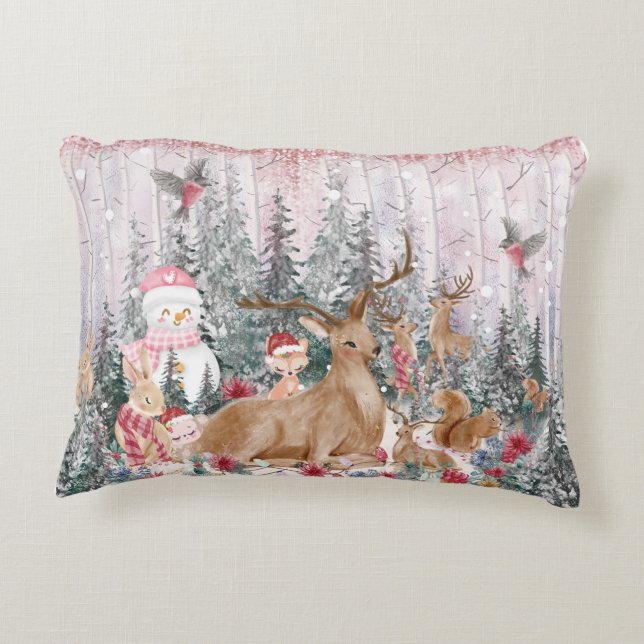 Pink Watercolor Reindeer, Snowman Merry Christmas Accent Pillow (Back)