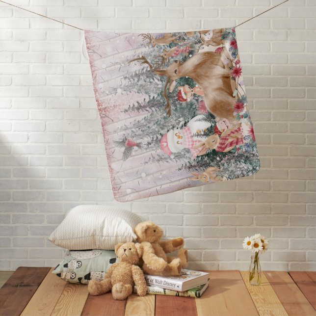 Pink Watercolor Reindeer, Snowman Merry Christmas Baby Blanket (In Situ)