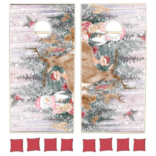 Pink Watercolor Reindeer, Snowman Merry Christmas Cornhole Set