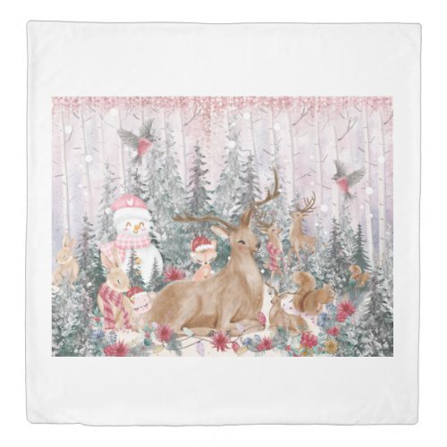 Pink Watercolor Reindeer Snowman Merry Christmas Duvet Cover