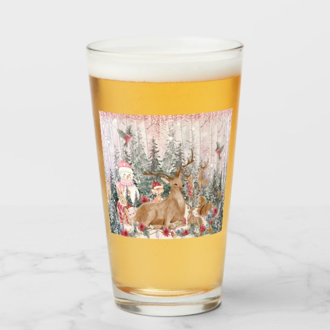 Pink Watercolor Reindeer, Snowman Merry Christmas Glass (Front Filled)