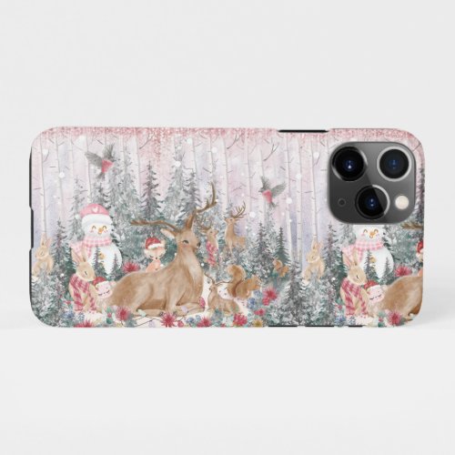Pink Watercolor Reindeer Snowman Merry Christmas iPhone 11Pro Case