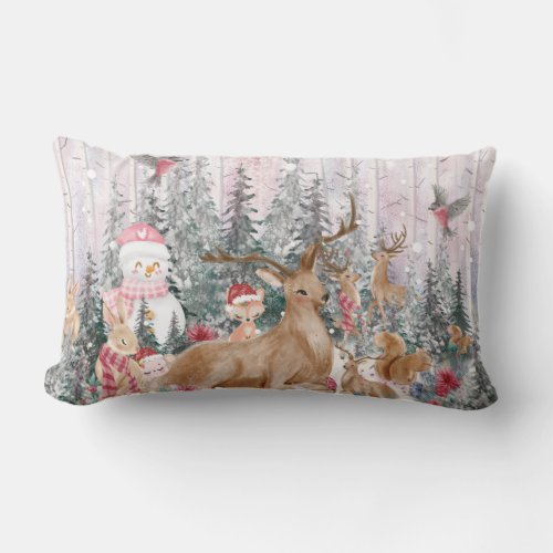 Pink Watercolor Reindeer Snowman Merry Christmas Lumbar Pillow