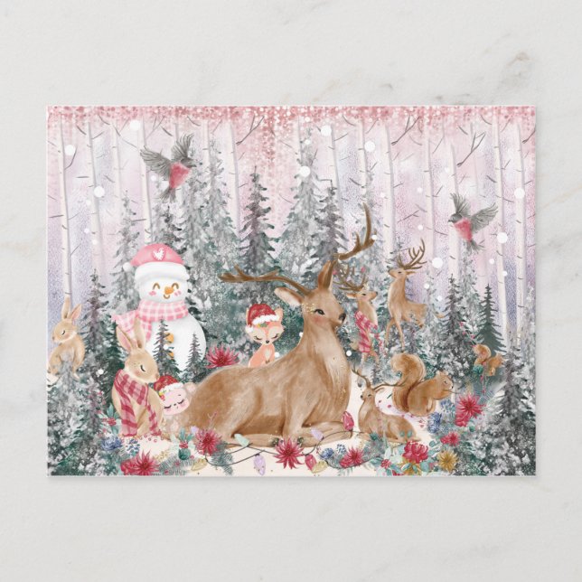 Pink Watercolor Reindeer, Snowman Merry Christmas Postcard (Front)