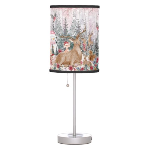 Pink Watercolor Reindeer Snowman Merry Christmas Table Lamp