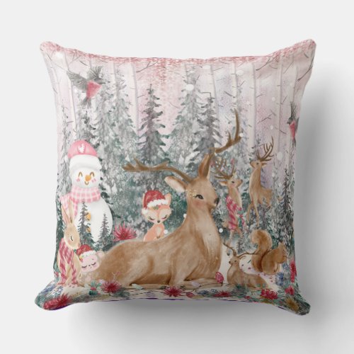 Pink Watercolor Reindeer Snowman Merry Christmas Throw Pillow