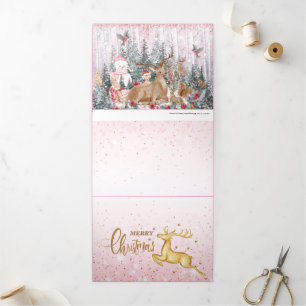 Pink Watercolor Reindeer, Snowman Merry Christmas Tri-Fold Holiday Card