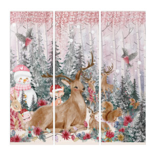 Pink Watercolor Reindeer, Snowman Merry Christmas Triptych