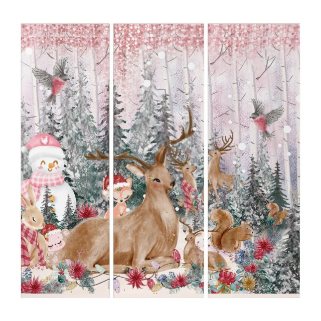 Pink Watercolor Reindeer, Snowman Merry Christmas Triptych (Front)