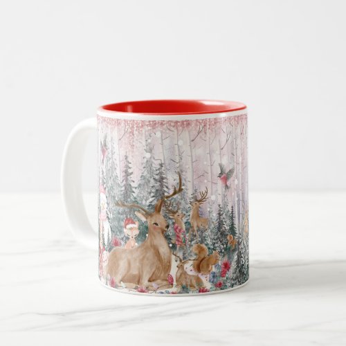 Pink Watercolor Reindeer Snowman Merry Christmas Two_Tone Coffee Mug