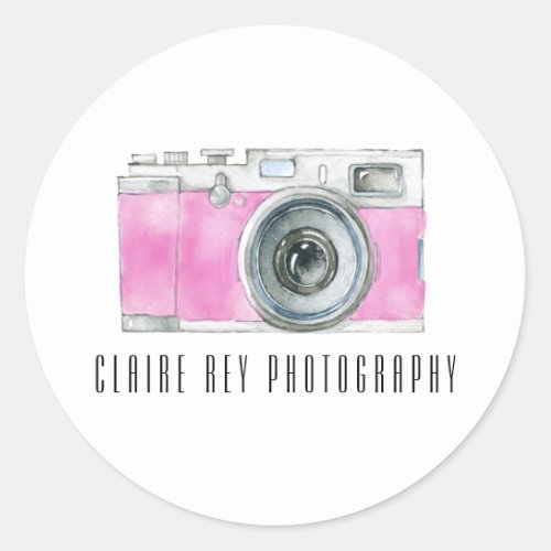 Pink Watercolor Retro Camera Photographer Logo Classic Round Sticker