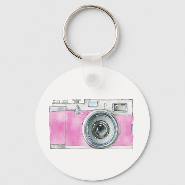 Pink Watercolor Retro Camera Photographer Logo Keychain (Front)