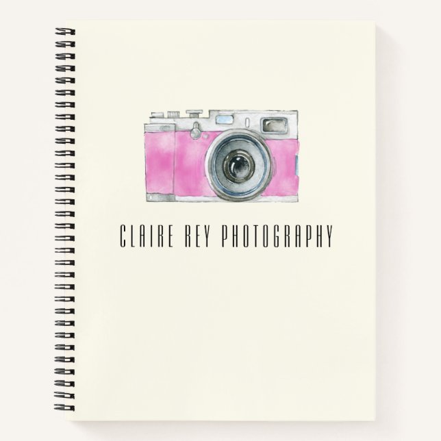 Pink Watercolor Retro Camera Photographer Logo Notebook (Front)