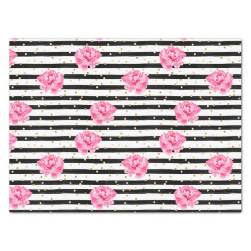 Pink Watercolor Roes Black White Stripes Tissue Paper