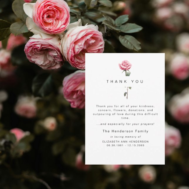 Pink Watercolor Rose Bereavement Funeral Thank You Card (Creator Uploaded)