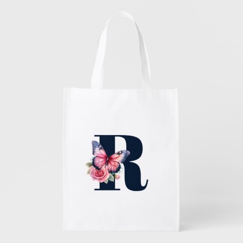 Pink Watercolor Rose Butterfly Navy Monogram Grocery Bag