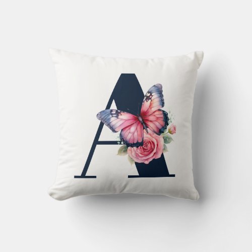 Pink Watercolor Rose Butterfly Navy Monogram Throw Pillow