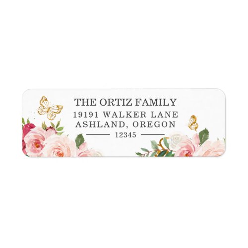 Pink Watercolor Rose Butterfly Return Address Labe Label