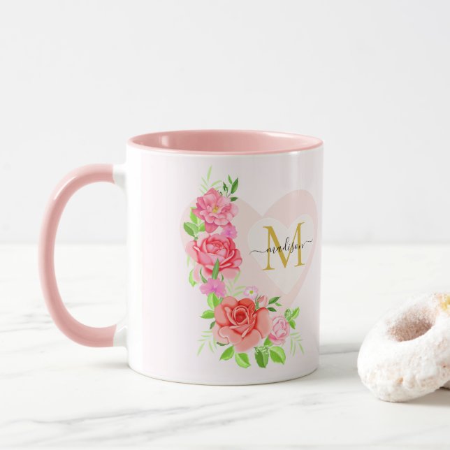 Pink Watercolor Rose Floral Monogram Initial Mug (With Donut)