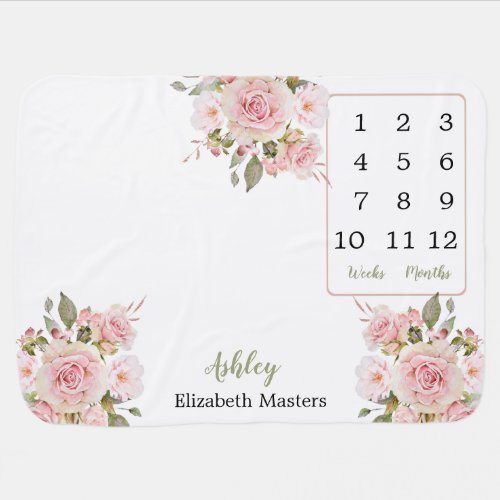 Pink Watercolor Rose Floral Wk Month Milestone Baby Blanket
