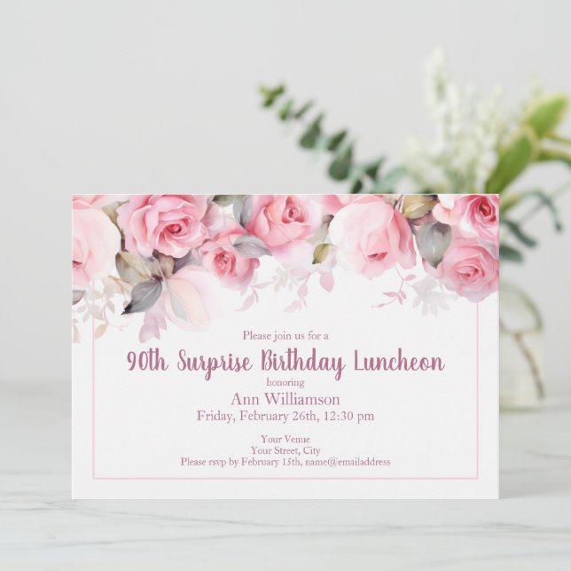 Pink Watercolor Rose Flower 90th Surprise Birthday Invitation (Standing Front)