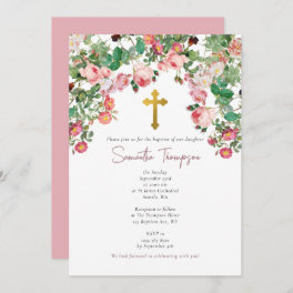 Pink Watercolor Rose Flower Garden Girl Baptism Invitation