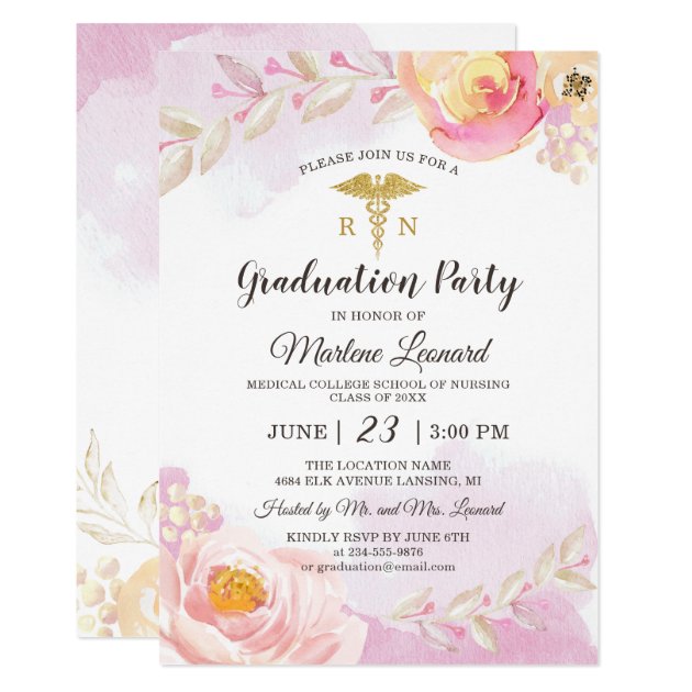 Pink Watercolor Rose Garden Nurse Graduation Party Invitation