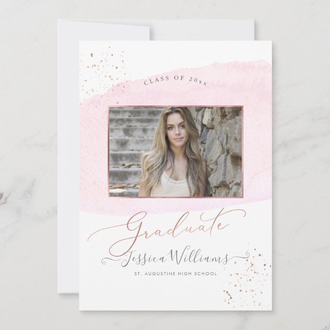 Pink Watercolor+Rose Gold Cap Graduation Party Invitation (Back)