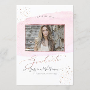 Pink Watercolor+Rose Gold Cap Graduation Party Invitation
