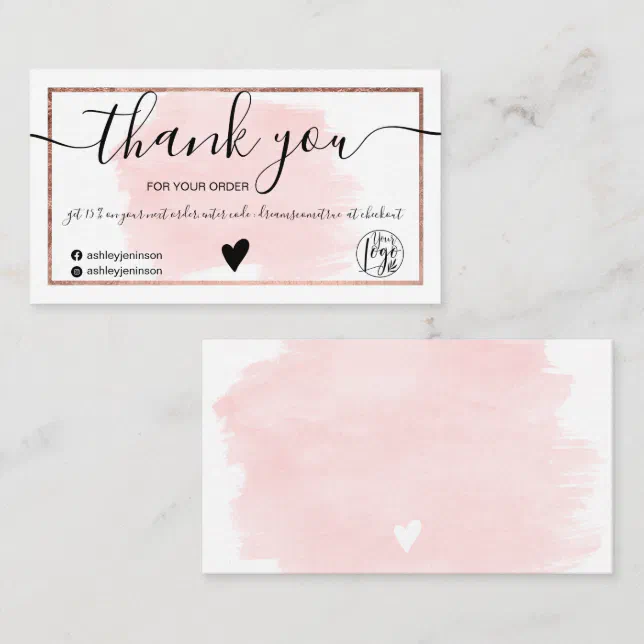 Pink watercolor rose gold foil order thank you business card | Zazzle