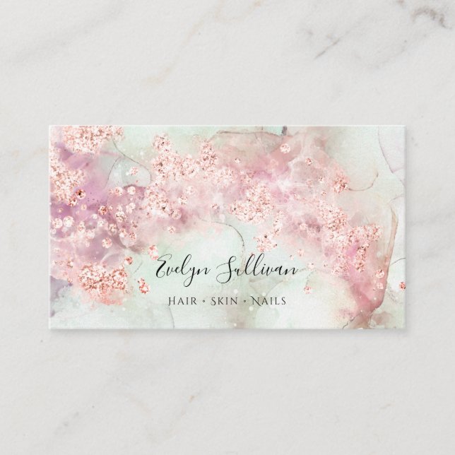 Pink watercolor rose gold glitter business card (Front)