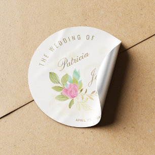 Pink watercolor rose gold script ampersand wedding classic round sticker