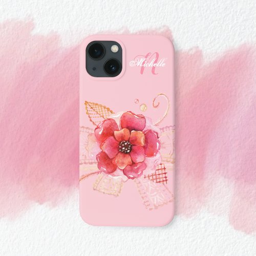 Pink Watercolor Rose Lace Monogram iPhone 13 Case