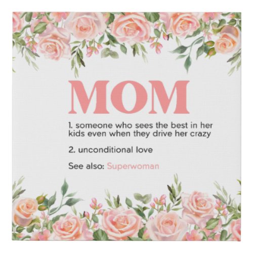 Pink Watercolor Rose MOM Word definition Quote Faux Canvas Print
