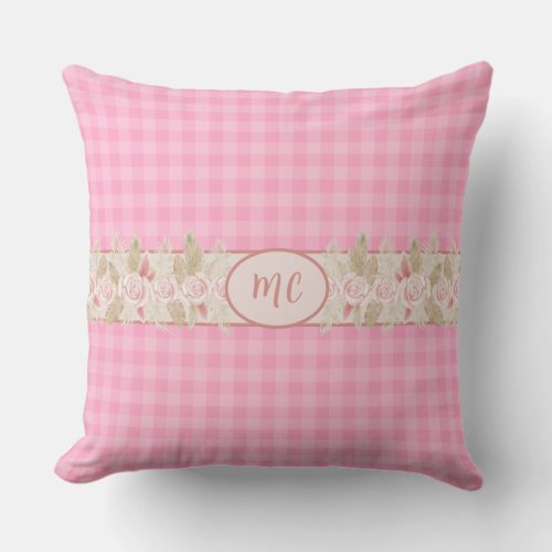 Pink Watercolor Rose Monogram Gingham Girly Plaid Outdoor Pillow