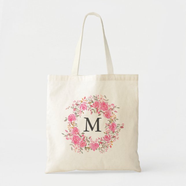 Pink Watercolor Rose Monogram Tote Bag (Front)