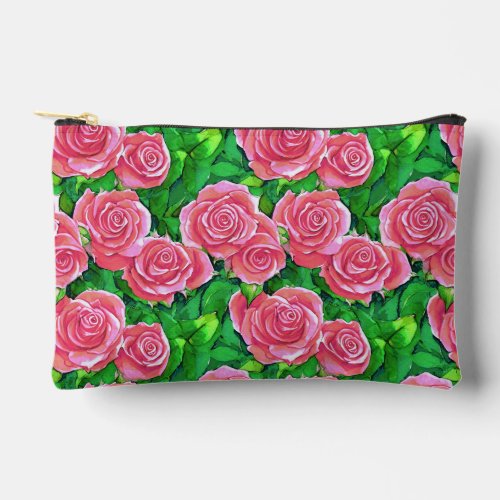 Pink Watercolor Rose Pattern Accessory Pouch