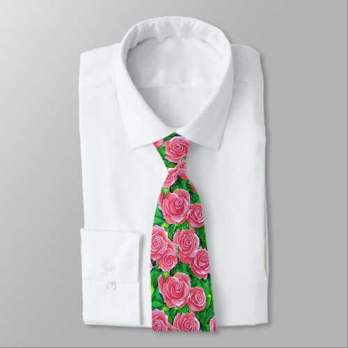Pink Watercolor Rose Pattern Neck Tie