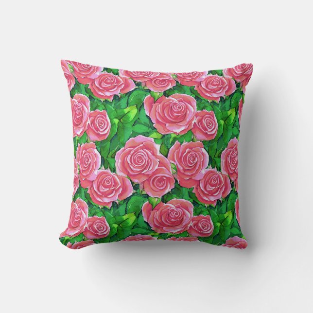 Pink Watercolor Rose Pattern Throw Pillow (Front)