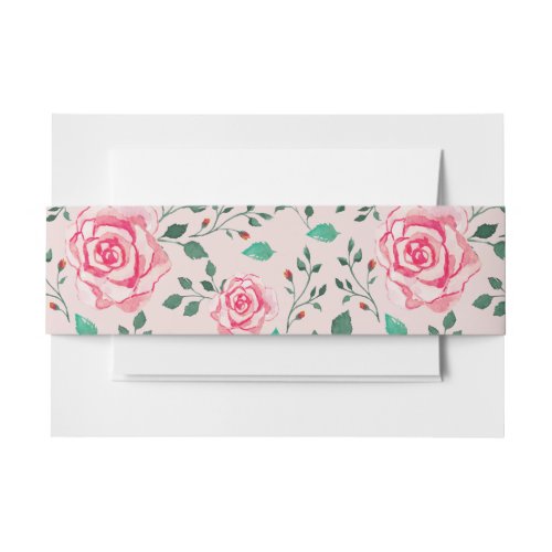Pink Watercolor Rose Pattern  Wedding Invitation Belly Band